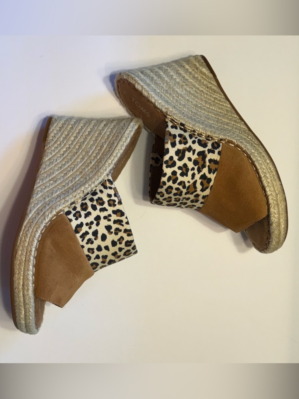 Women's TOMS Monica Espadrille Wedge Sandals Leopard Brown Suede Upper 8